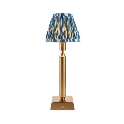 Luminosa Lighting Luminosa Trobridge Rechargeable Brushed Aged Brass Plate Table Lamp With Marlin Blue Fabric Ikat Shade 16Cm Integrated Led - image 1