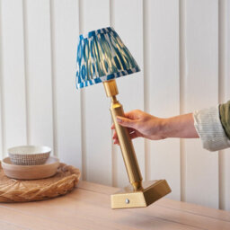 Luminosa Lighting Luminosa Trobridge Rechargeable Brushed Aged Brass Plate Table Lamp With Marlin Blue Fabric Ikat Shade 16Cm Integrated Led - thumbnail 4