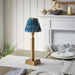 Luminosa Lighting Luminosa Trobridge Rechargeable Brushed Aged Brass Plate Table Lamp With Marlin Blue Fabric Ikat Shade 16Cm Integrated Led - thumbnail 3
