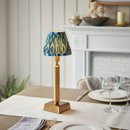 Luminosa Lighting Luminosa Trobridge Rechargeable Brushed Aged Brass Plate Table Lamp With Marlin Blue Fabric Ikat Shade 16Cm Integrated Led - thumbnail 2