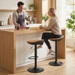 Set Of 2 Breakfast Barstools, Pu Leather Swivel Bar Stools, Oak - thumbnail 6