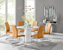 Furniturebox Uk Palma White High Gloss Round Dining Table & 6 Mustard Lorenzo Chairs - thumbnail 1