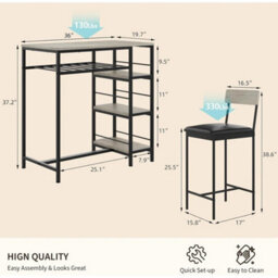 3-Piece Dining Table Set W Upholstered Bar Stool Wine Rack Kitchen - thumbnail 2