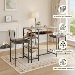 3-Piece Dining Table Set W Upholstered Bar Stool Wine Rack Kitchen - thumbnail 5