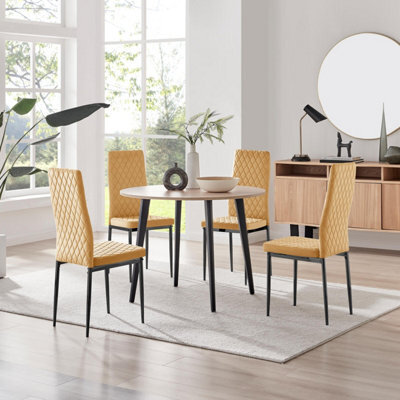 Furniturebox Uk Koko Oak Effect Round Dining Table & 4 Mustard Velvet Milan Black Leg Chairs - image 1