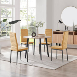Furniturebox Uk Koko Oak Effect Round Dining Table & 4 Mustard Velvet Milan Black Leg Chairs - thumbnail 1