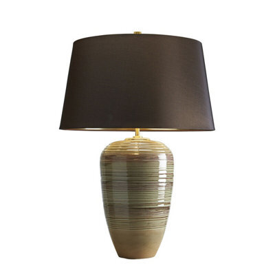 Elegant Ceramic Table Lamp With Green And Brown Glaze And Brown Shade