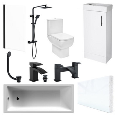 Bubly Bathrooms Modern Bathroom Suite: 1700mm Bath, Close Coupled Wc, Gloss White Vanity Unit, Black Shower & Waterfall Taps - image 1