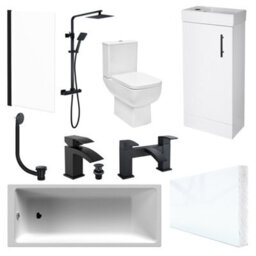 Bubly Bathrooms Modern Bathroom Suite: 1700mm Bath, Close Coupled Wc, Gloss White Vanity Unit, Black Shower & Waterfall Taps - thumbnail 1