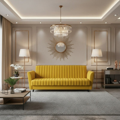 Vinti 3 Seater Fabric Sofa Bed With Storage Compartment Fold Out Sleeping Function Modern Living Room Design Yellow - image 1