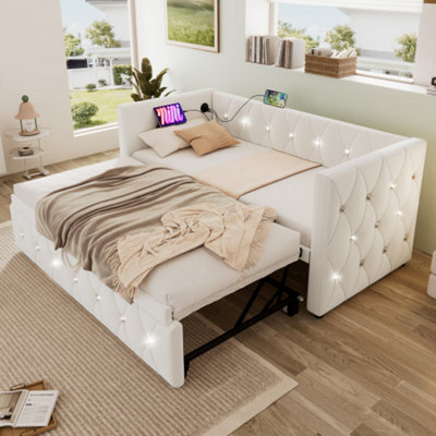 Btm Beige Velvet 3Ft Single Daybed With Trundle Usb Type C Charging Sofa Bed For Bedroom 90 X 190 Cm - image 1