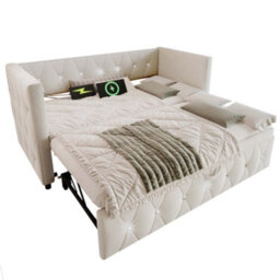 Btm Beige Velvet 3Ft Single Daybed With Trundle Usb Type C Charging Sofa Bed For Bedroom 90 X 190 Cm - thumbnail 8
