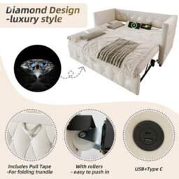 Btm Beige Velvet 3Ft Single Daybed With Trundle Usb Type C Charging Sofa Bed For Bedroom 90 X 190 Cm - thumbnail 5
