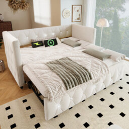 Btm Beige Velvet 3Ft Single Daybed With Trundle Usb Type C Charging Sofa Bed For Bedroom 90 X 190 Cm - thumbnail 2