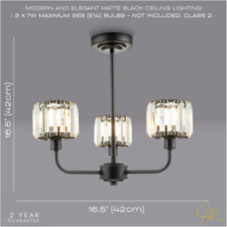 Happy Homewares Modern Black Ceiling Light Fitting With Clear Crystal Glass Rods On Three Shades - thumbnail 6