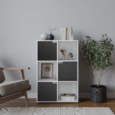 Urbn-Living Urbnliving 91Cm Height 6 Cubes White Wooden Bookcase Display Shelf Storage Cabinet With Modern Geo Black Door - image 1