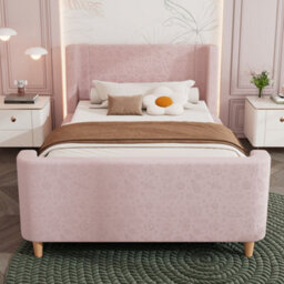 Merax 3Ft Single Bed 90X190 Cm, Velvet Upholstered Sleigh Bed With Padded Headboard, Cosmic Pattern, Pink - thumbnail 2