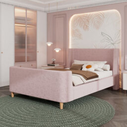 Merax 3Ft Single Bed 90X190 Cm, Velvet Upholstered Sleigh Bed With Padded Headboard, Cosmic Pattern, Pink - thumbnail 1