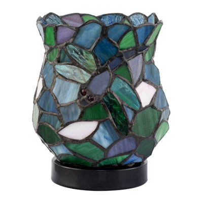 Happy Homewares Dragonfly Themed Open Top Blue And Green Stained Glass Tiffany Lamp - image 1