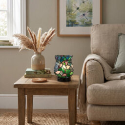 Happy Homewares Dragonfly Themed Open Top Blue And Green Stained Glass Tiffany Lamp - thumbnail 6