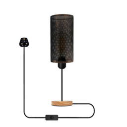 Bedside Table Lamp With Wooden Base And Cage Lampshade Bedroom Light Brushed Copper