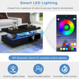 High Gloss Black Coffee Table With Marble Pattern Top And Led Lights - thumbnail 9