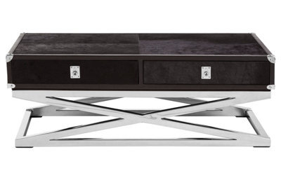 Orsina Black Leather Coffee Table, Steel Legs With Metallic Clasp Accents, 2 Drawer Storage Living Room Table - image 1