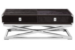 Orsina Black Leather Coffee Table, Steel Legs With Metallic Clasp Accents, 2 Drawer Storage Living Room Table