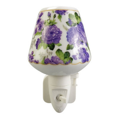 Minster Floral Nightlight With Purple Floral Pattern On White Ceramic Base - L8 X W8 X H13 Cm