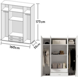 Arte Elegant Stella Trading Base Hinged Door Wardrobe W1600mm H1770mm D520mm - White Matt, Spacious Storage, Classic Design - thumbnail 3