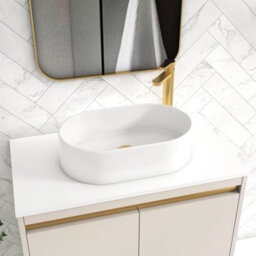 Royal Bathrooms Orion 800mm Warm Taupe Floor Standing Plain White Countertop Vanity Unit 2 Drawer With Peak Basin & Brushed Brass Accent Trim - thumbnail 5