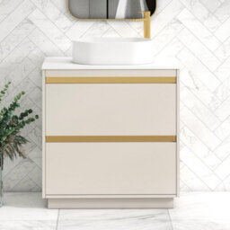 Royal Bathrooms Orion 800mm Warm Taupe Floor Standing Plain White Countertop Vanity Unit 2 Drawer With Peak Basin & Brushed Brass Accent Trim