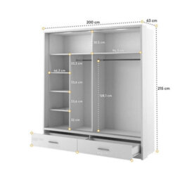 Arte Lux Xxiv-  Mirrored Sliding Door Wardrobe (H2150mm W2000mm D630mm) With Drawers And Led Lighting - White - thumbnail 5
