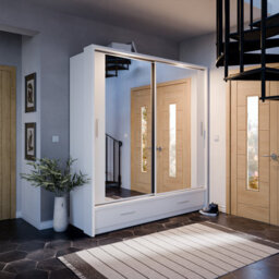 Arte Lux Xxiv-  Mirrored Sliding Door Wardrobe (H2150mm W2000mm D630mm) With Drawers And Led Lighting - White - thumbnail 1