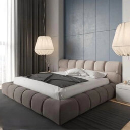 Stratus Interiors Cubed Mini Ambassador Upholstered Platform Bed Frame - Low Headboard, Modern Cube Design, Non-Storage - King - thumbnail 2