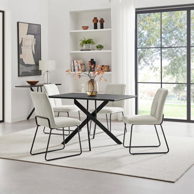 Furniturebox Uk Leonardo Black Top Dining Table & 4 Halle Cream Fabric Chairs - image 1