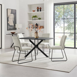 Furniturebox Uk Leonardo Black Top Dining Table & 4 Halle Cream Fabric Chairs