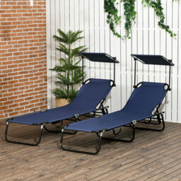 Outsunny 2 Piece Folding Sun Loungers With Adjustable Backrest, Dark Blue