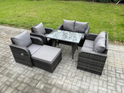 Fimous Wicker Pe Rattan Garden Dining Set Outdoor Furniture Sofa With Rectangular Dining Table Big Footstool Dark Grey Mixed - thumbnail 2