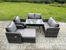 Fimous Wicker Pe Rattan Garden Dining Set Outdoor Furniture Sofa With Rectangular Dining Table Big Footstool Dark Grey Mixed - thumbnail 1