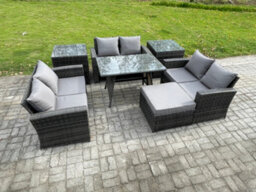 Fimous 7 Pcs Outdoor Lounge Sofa Set Wicker Pe Rattan Garden Furniture Set With Rectangular Dining Table For Balcony - thumbnail 2