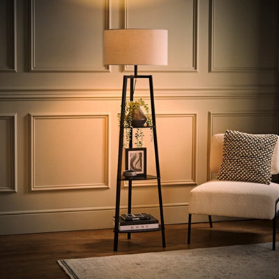 Valuelights Hiru Black 3 Tier Shelf Floor Lamp With Grey Drum Shade And Bulb - image 1