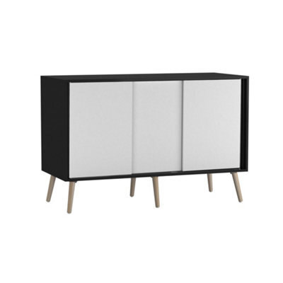 Urbn-Living Urbnliving 3-Door Sliding Cabinet Sideboard Black Carcass With White Doors Storage Organiser Home Cupboard Beech Wooden Legs - image 1
