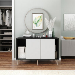 Urbn-Living Urbnliving 3-Door Sliding Cabinet Sideboard Black Carcass With White Doors Storage Organiser Home Cupboard Beech Wooden Legs - thumbnail 4