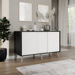 Urbn-Living Urbnliving 3-Door Sliding Cabinet Sideboard Black Carcass With White Doors Storage Organiser Home Cupboard Beech Wooden Legs - thumbnail 3