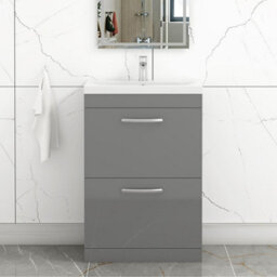 Royal Bathrooms Turin Indigo Grey Gloss 600mm Floor Standing Vanity Unit 2 Drawer With Mid-Edge Basin Sink