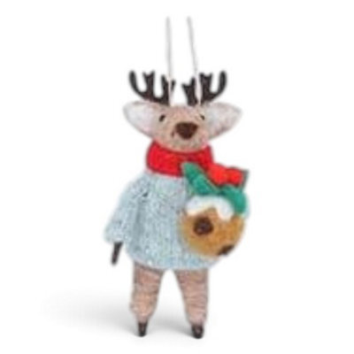Gisela Graham Christmas Felt Reindeer With Pudding Hanging Tree Decoration 6 X 7 X 13 Cm