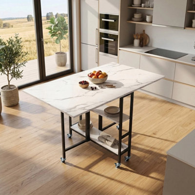 Folding Dining Table Marble Effect Drop Leaf Table On Wheels W/ Shelves - image 1