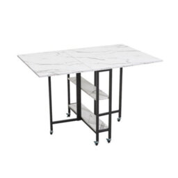 Folding Dining Table Marble Effect Drop Leaf Table On Wheels W/ Shelves - thumbnail 3