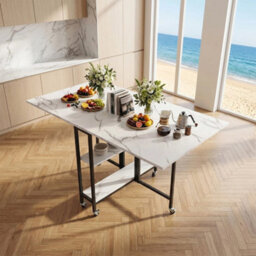 Folding Dining Table Marble Effect Drop Leaf Table On Wheels W/ Shelves - thumbnail 4